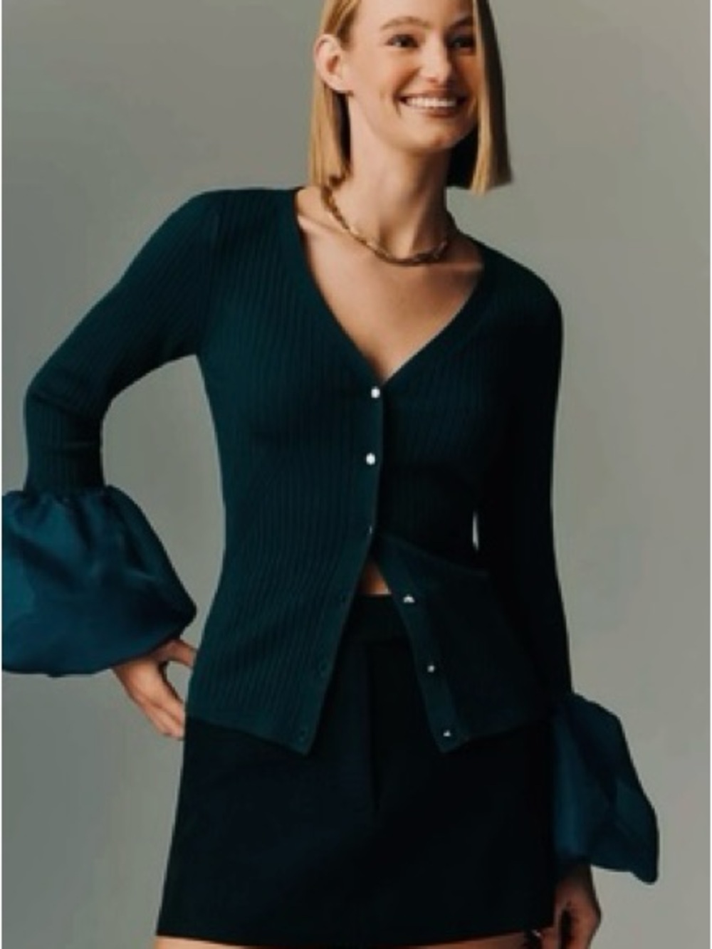 Maeve Teal Ribbed V-Neck Cardigan with Voluminous Cuffs